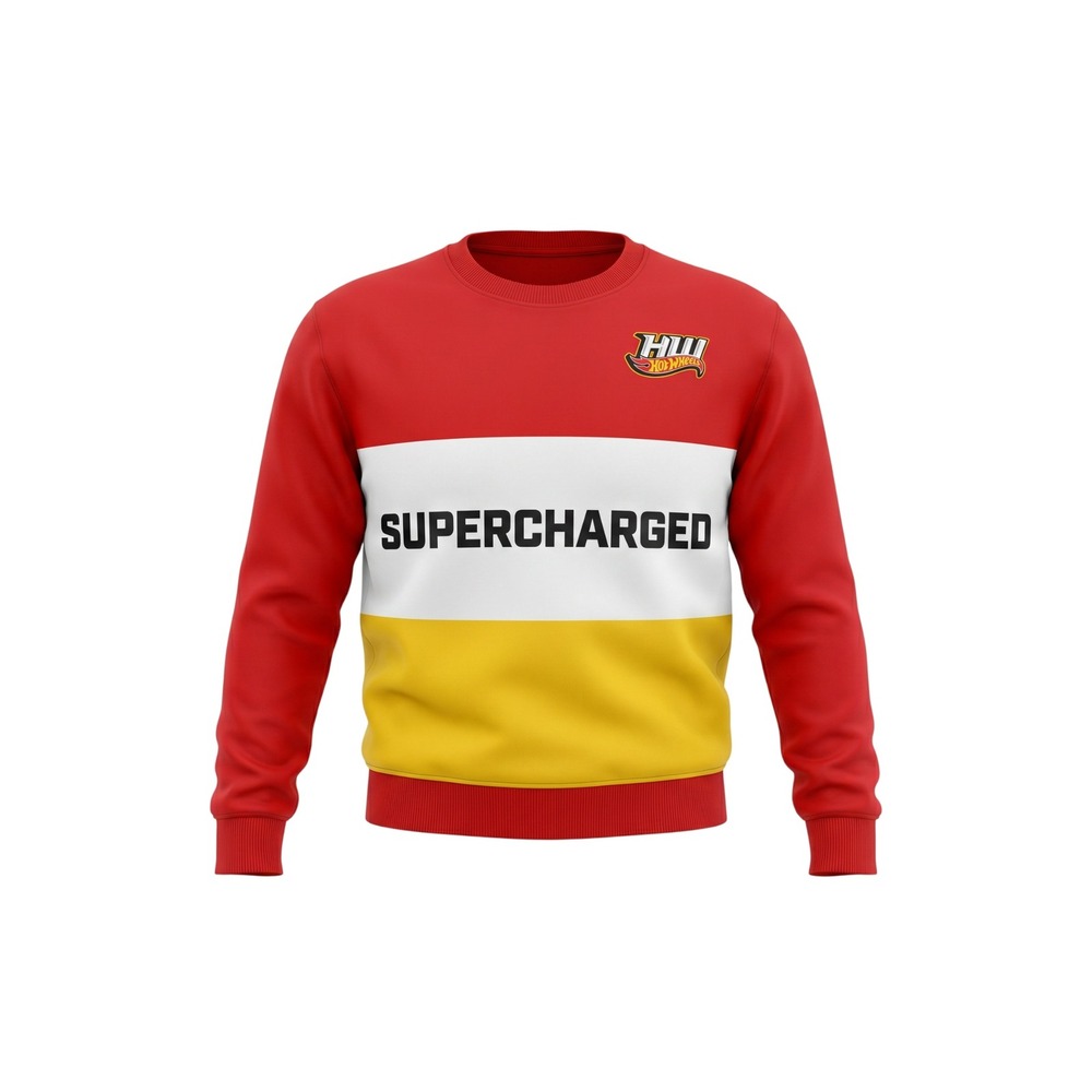 Hot Wheels Supercharged Crewneck Sweatshirt Red White Yellow Colorblock Pullover